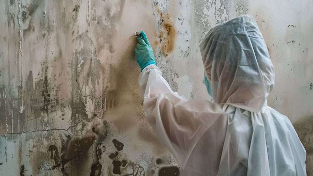 mold removal expert in protective suit pointing at wall affected with mold