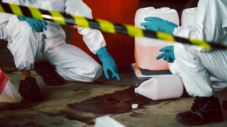 Two professionals in protective suits and gloves inspect a hazardous spill at a secured site, highlighting the need for expert drug lab cleanup solutions.